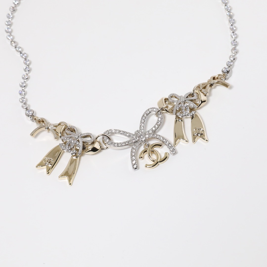 CCN086 Chanel crystal tennis necklace with bow charms - ccjewelryacc