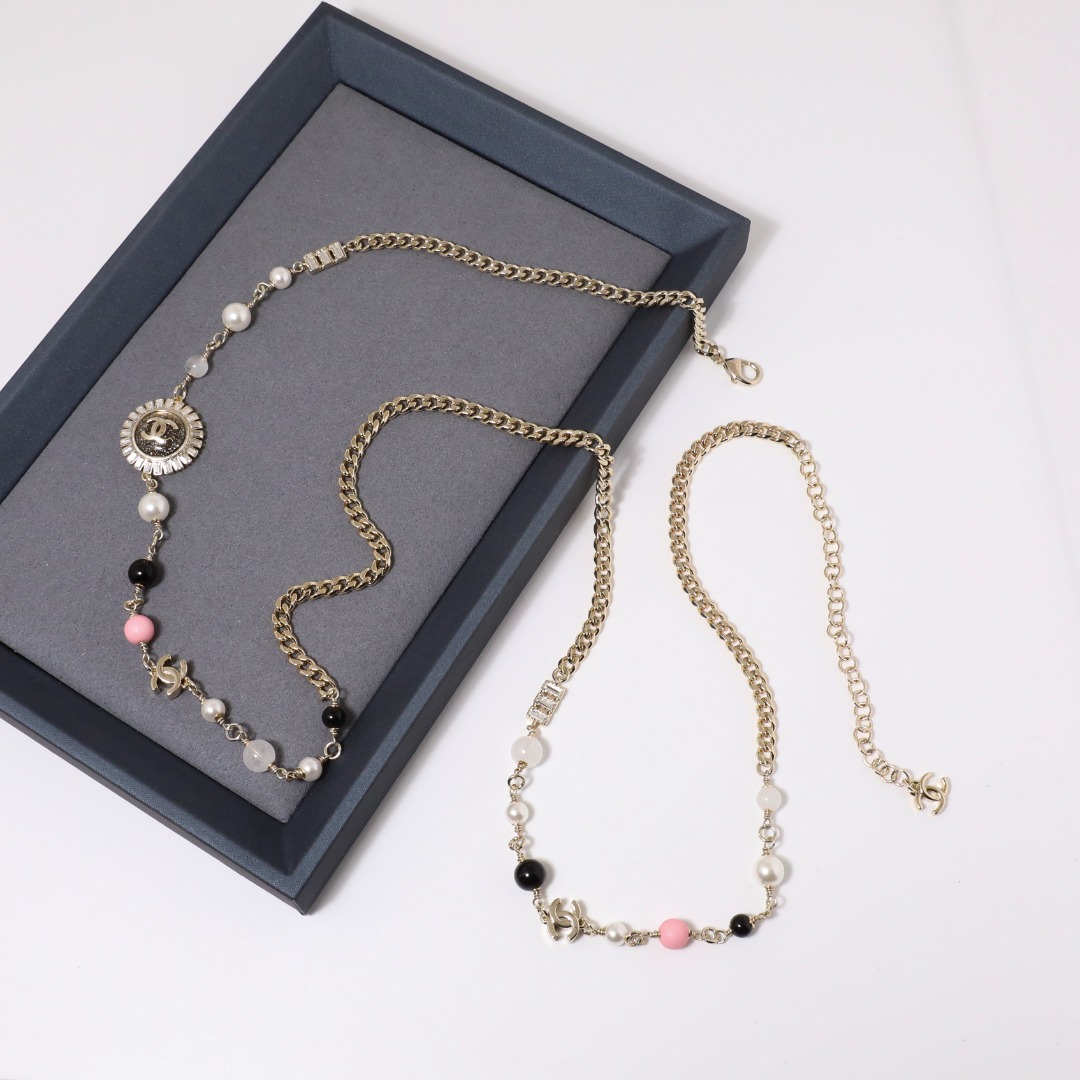 CCL107 Chanel Colored pearl choker necklace long chain sweater necklace - ccjewelryacc