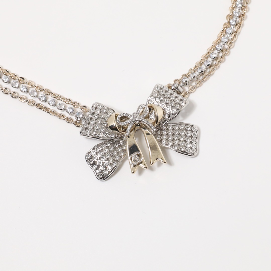 CCN090 Chanel Gold Silver bow pendant multideck choker necklace - ccjewelryacc