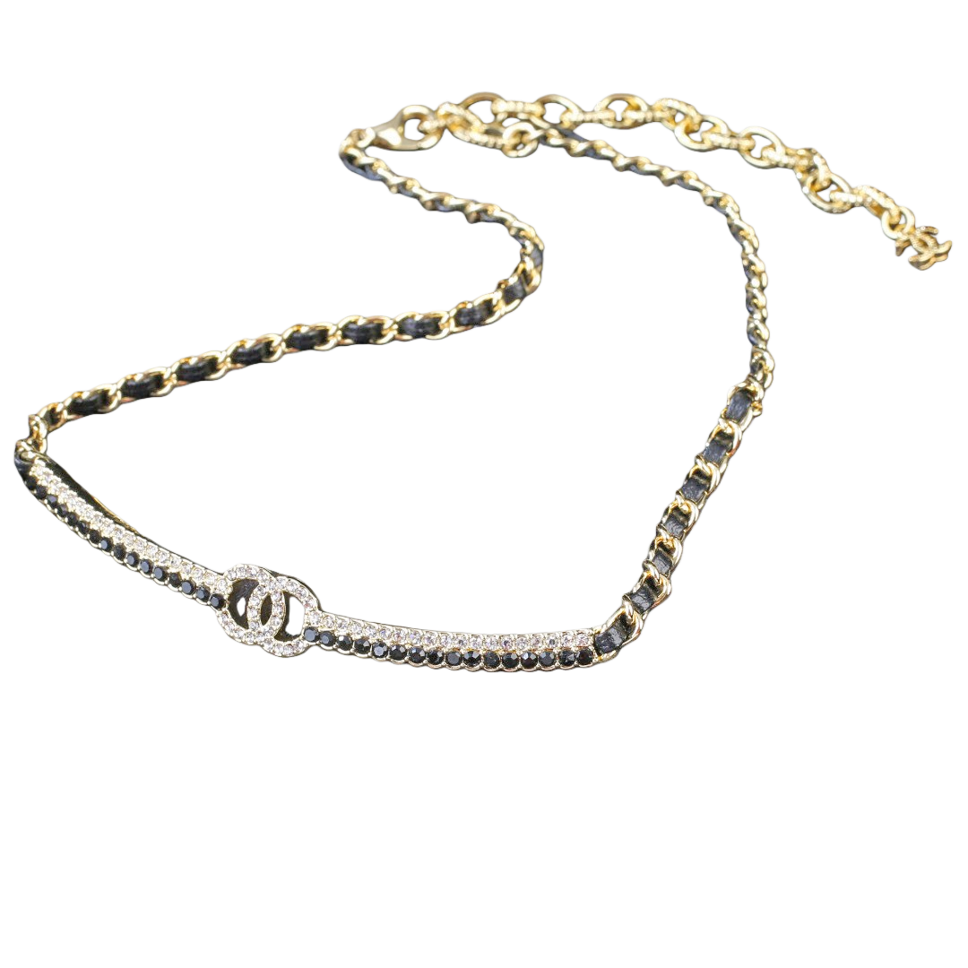 CCN125 Chanel metal leater chain crystal choker necklace - ccjewelryacc