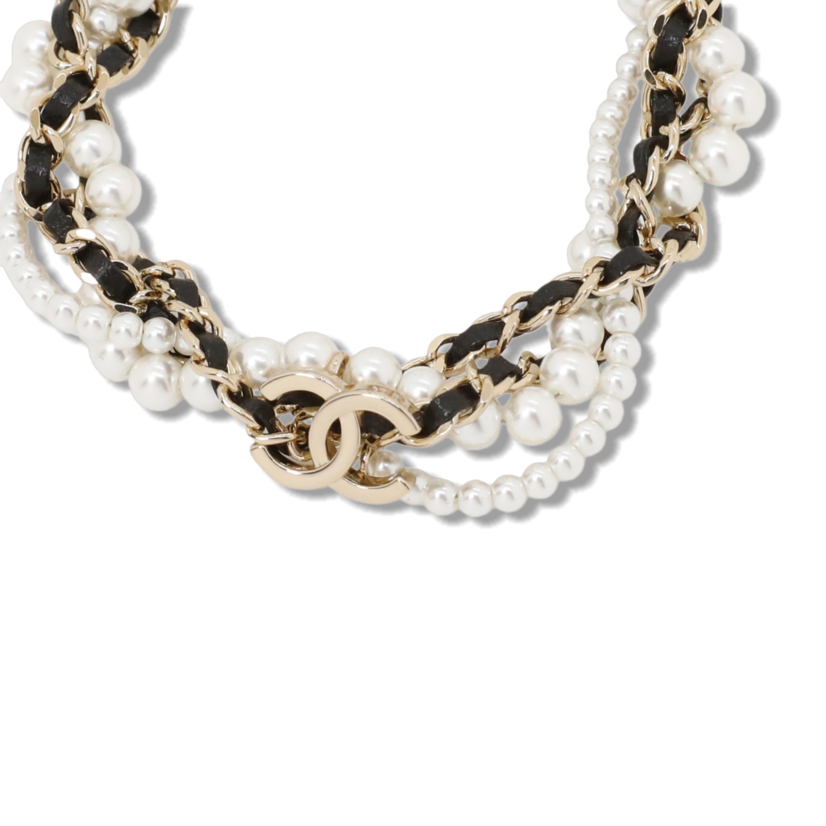 CCN078 Chanel multideck Metal leater Pearl choker necklace - ccjewelryacc