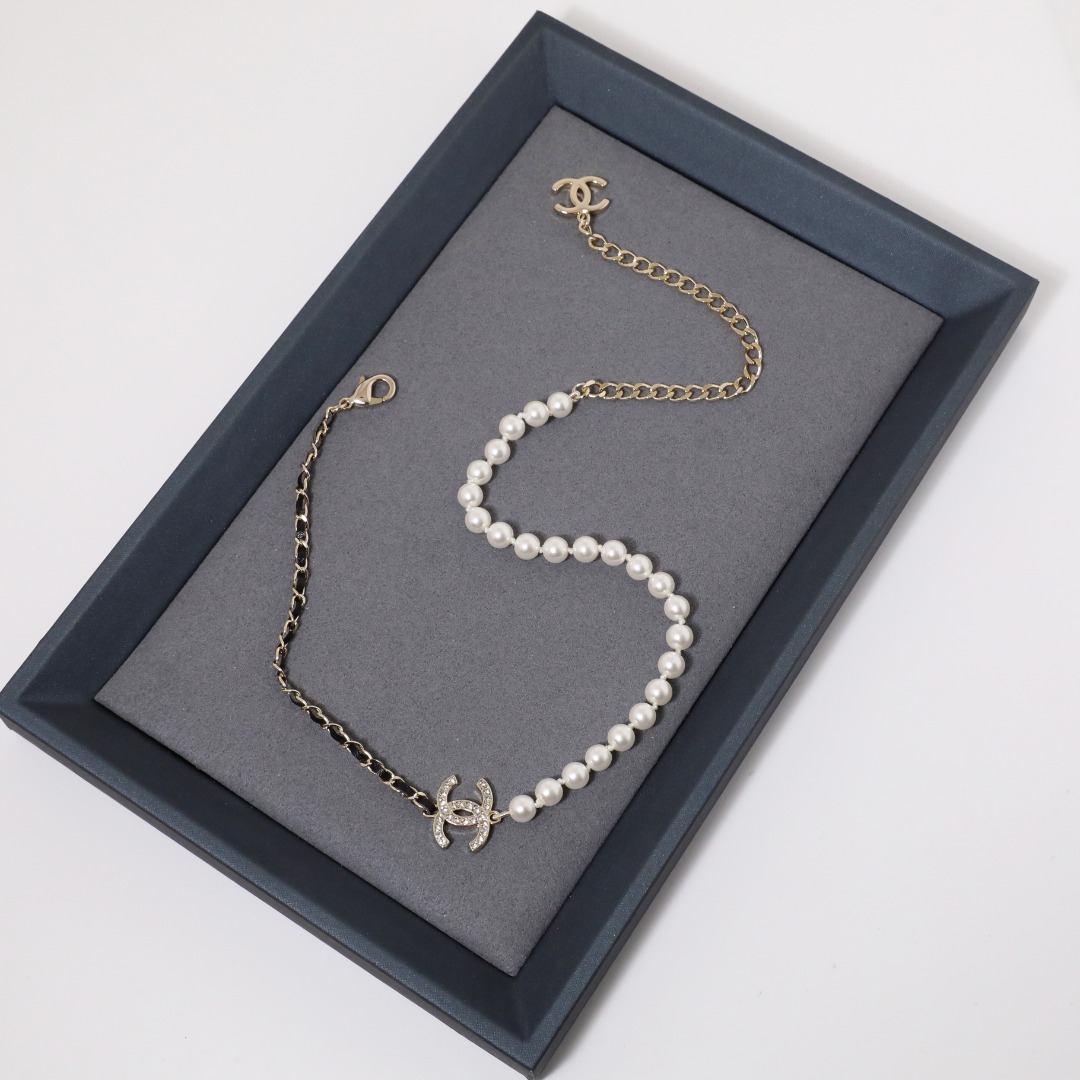 CCN135 Chanel metal leater pearl chain choker necklace - ccjewelryacc