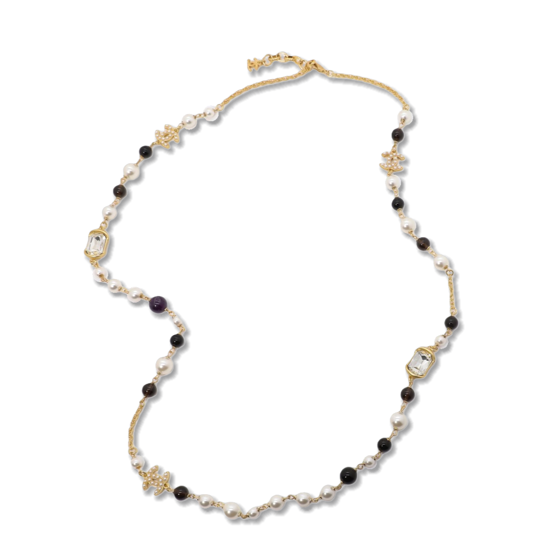 CCL109 Chanel vintage square crystal pearl long chain sweater necklace - ccjewelryacc