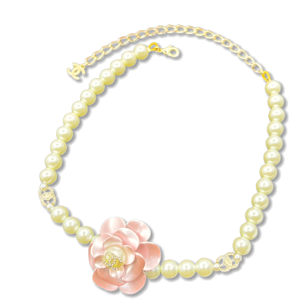 CCN116 Chanel Pink camellia pearl choker necklace - ccjewelryacc