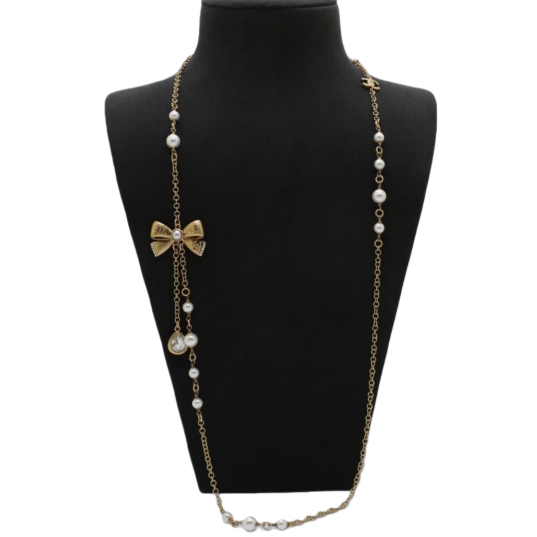 CCL108 Chanel Vintage gold bow pearl crystal long chain sweater necklace - ccjewelryacc