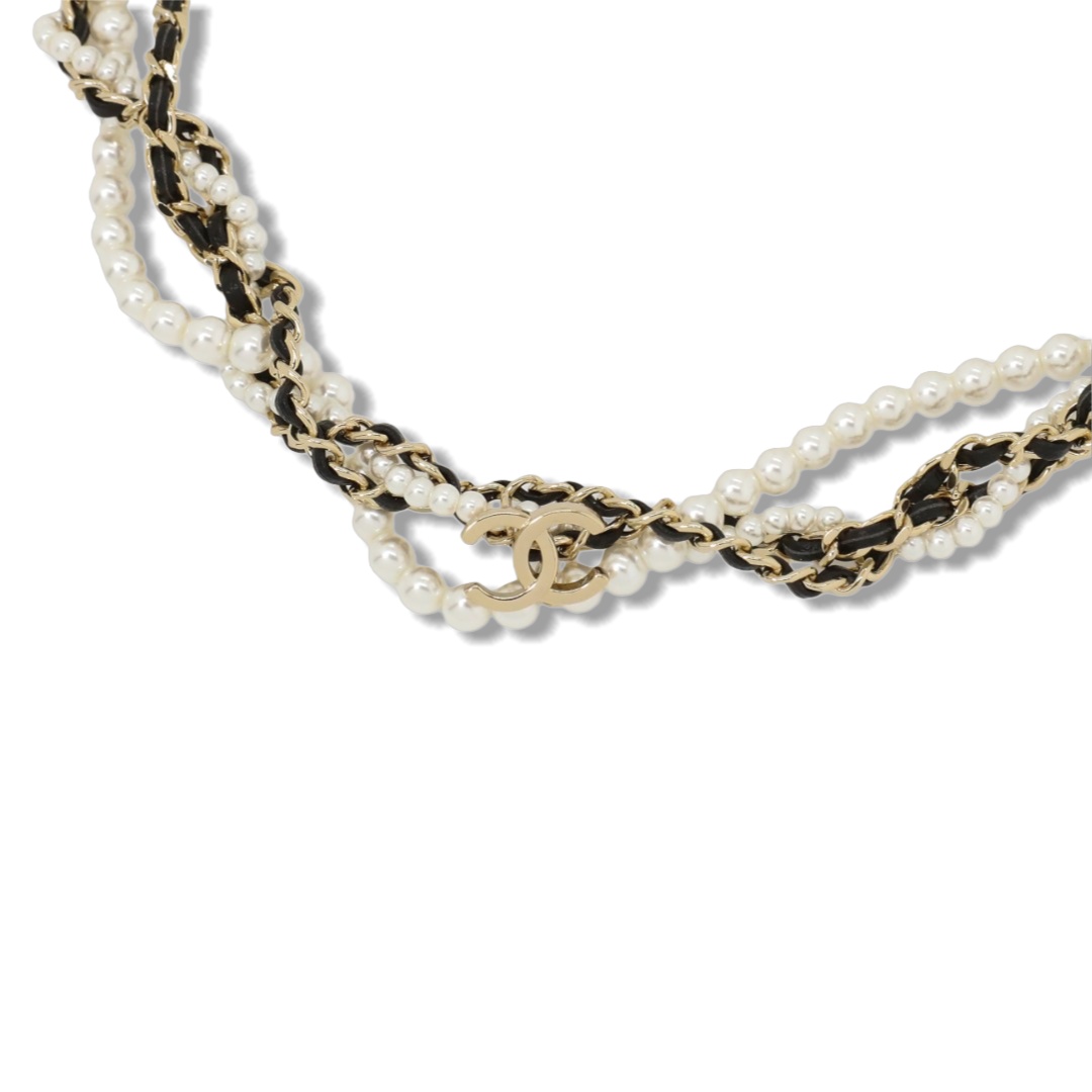 CCN078 Chanel multideck Metal leater Pearl choker necklace - ccjewelryacc