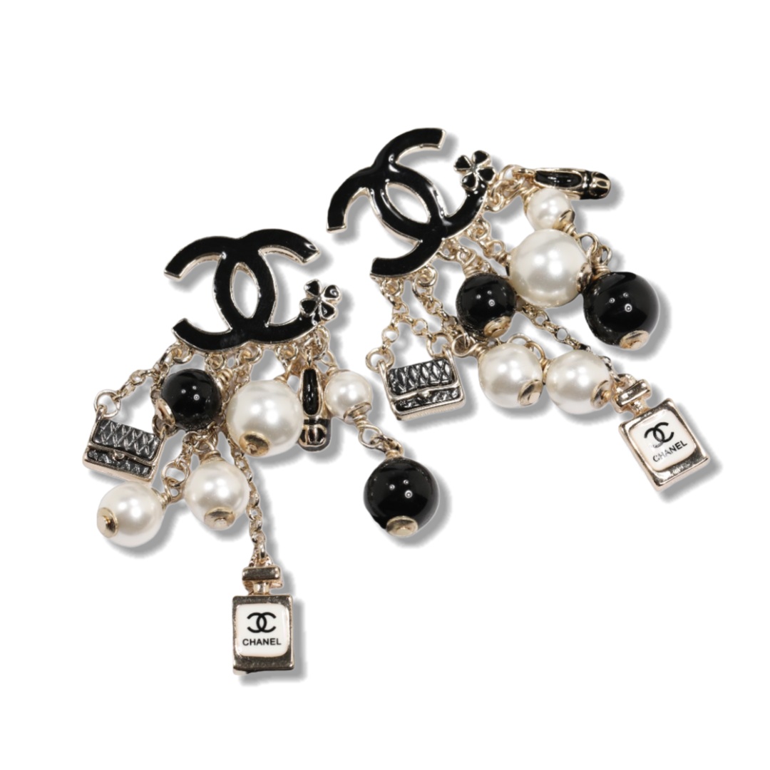 CCE802 Black enamel CC Logo with perfume bottle bag pearls charm earrings - ccjewelryacc