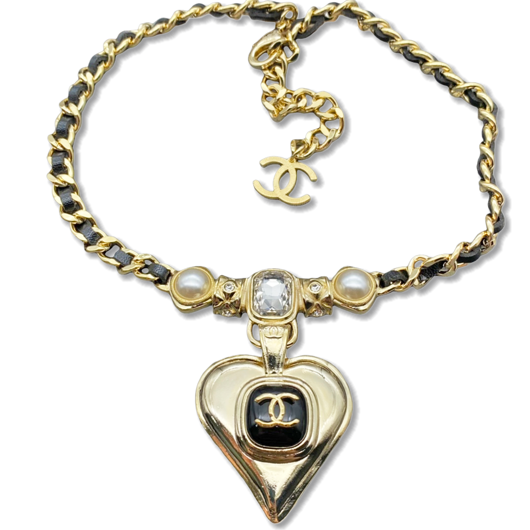 CCN117 Chanel Metal leater Heart Pendant Necklace - ccjewelryacc