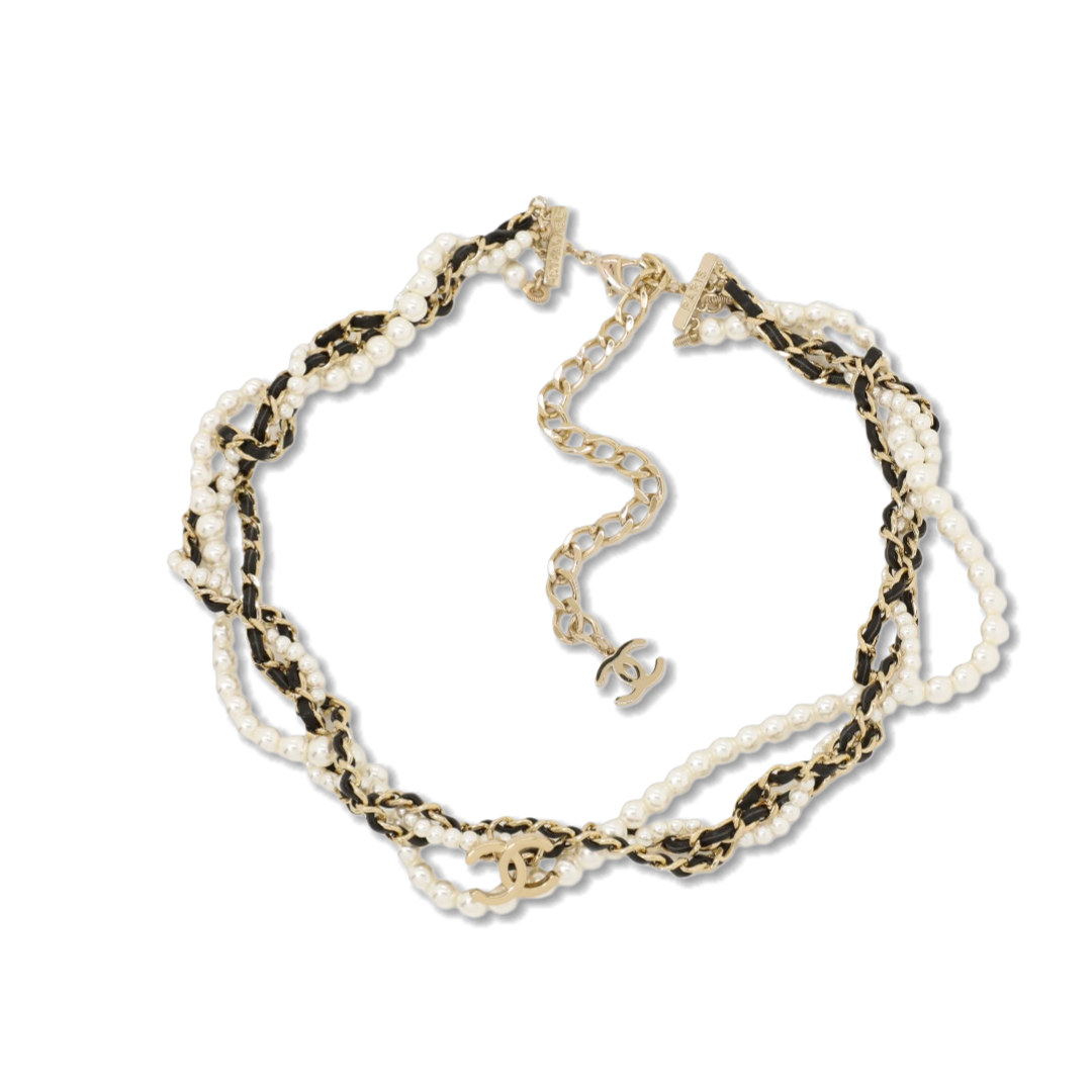 CCN078 Chanel multideck Metal leater Pearl choker necklace - ccjewelryacc
