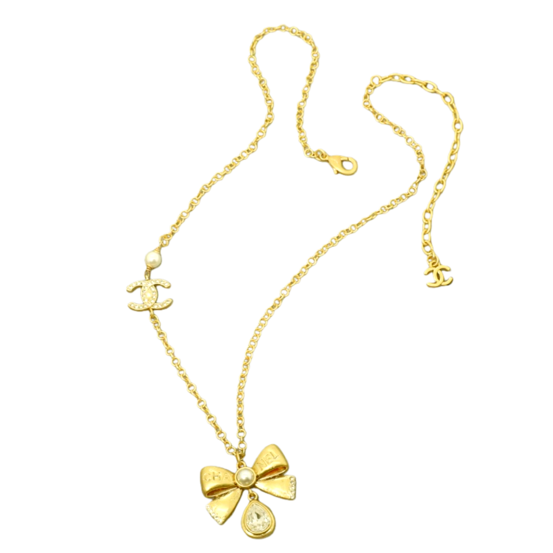 CCN053 Chanel vintage gold bow pendant necklace - ccjewelryacc