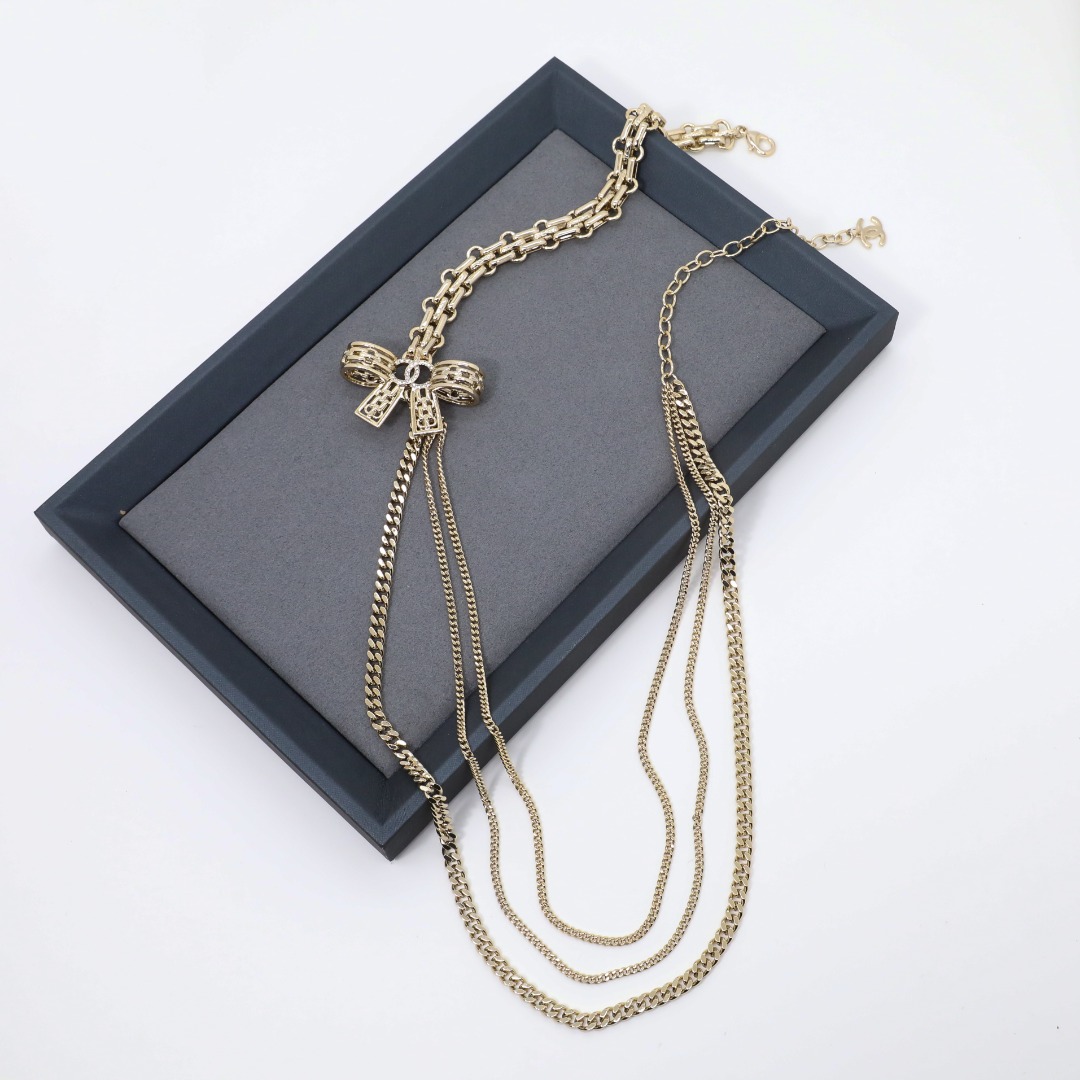 CCL110 Chanel Metal Cuba Chain bow long sweater necklace - ccjewelryacc