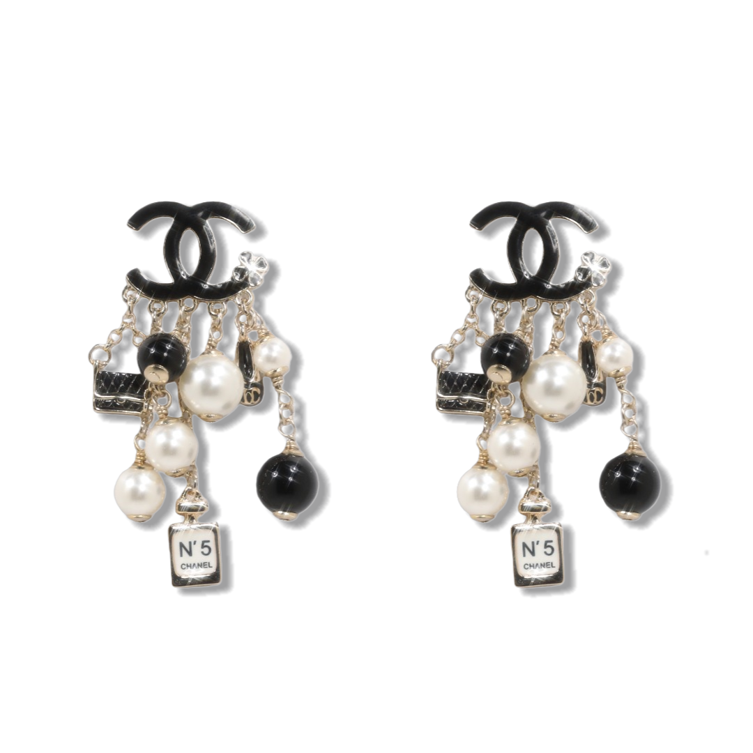 CCE802 Black enamel CC Logo with perfume bottle bag pearls charm earrings - ccjewelryacc