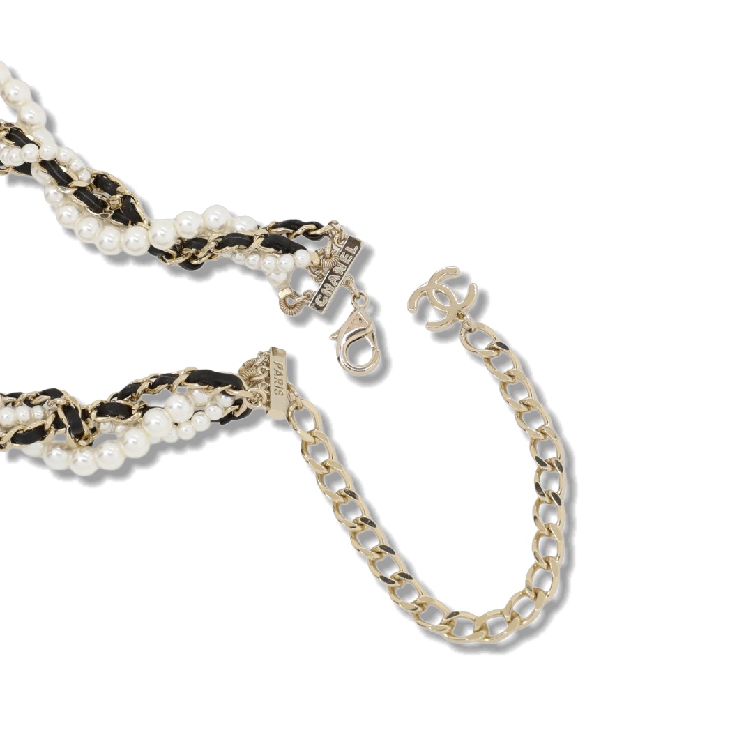 CCN078 Chanel multideck Metal leater Pearl choker necklace - ccjewelryacc