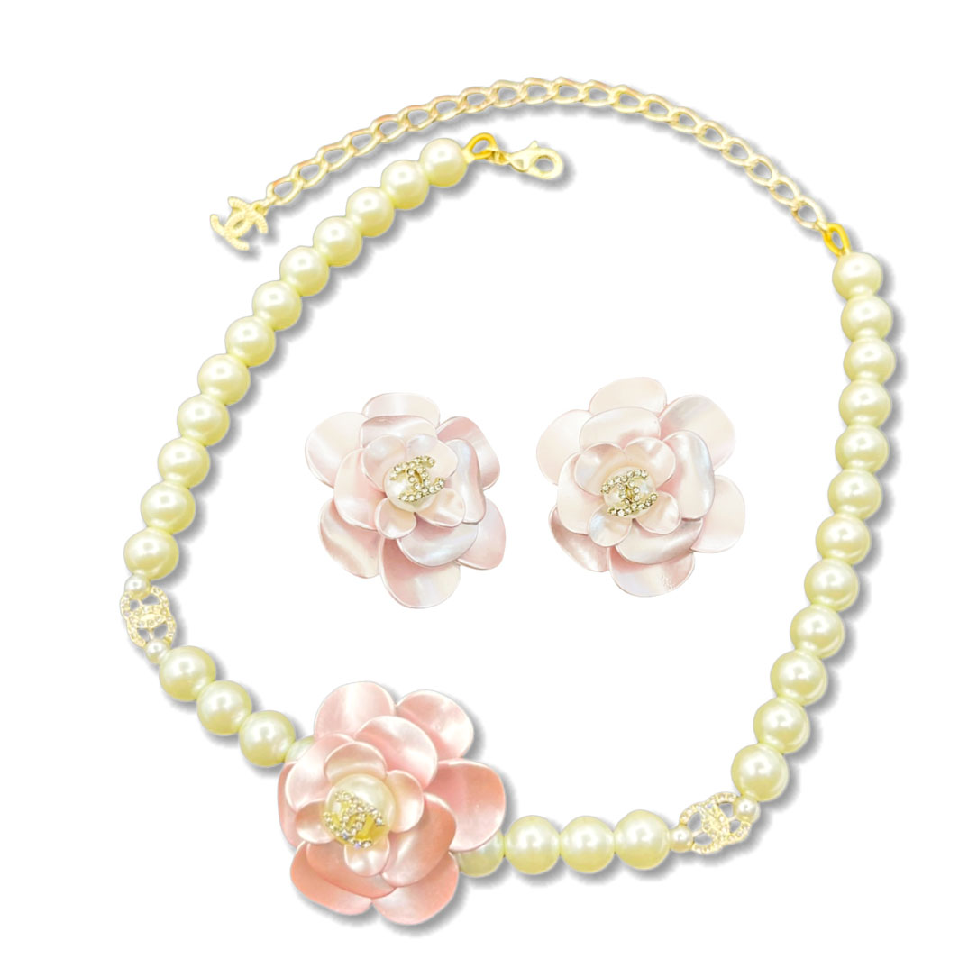 CCN116 Chanel Pink camellia pearl choker necklace - ccjewelryacc