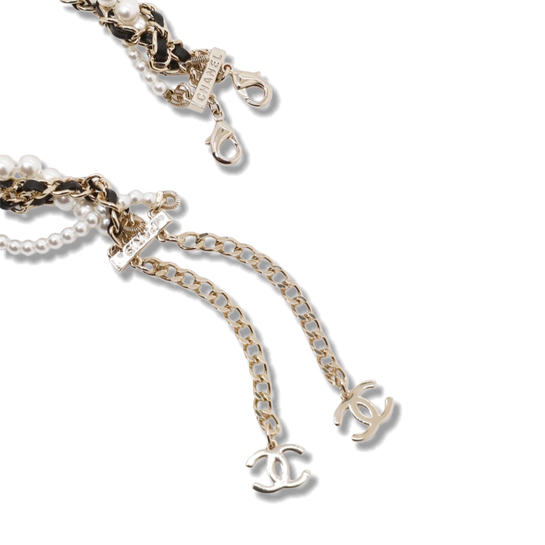 CCN078 Chanel multideck Metal leater Pearl choker necklace - ccjewelryacc