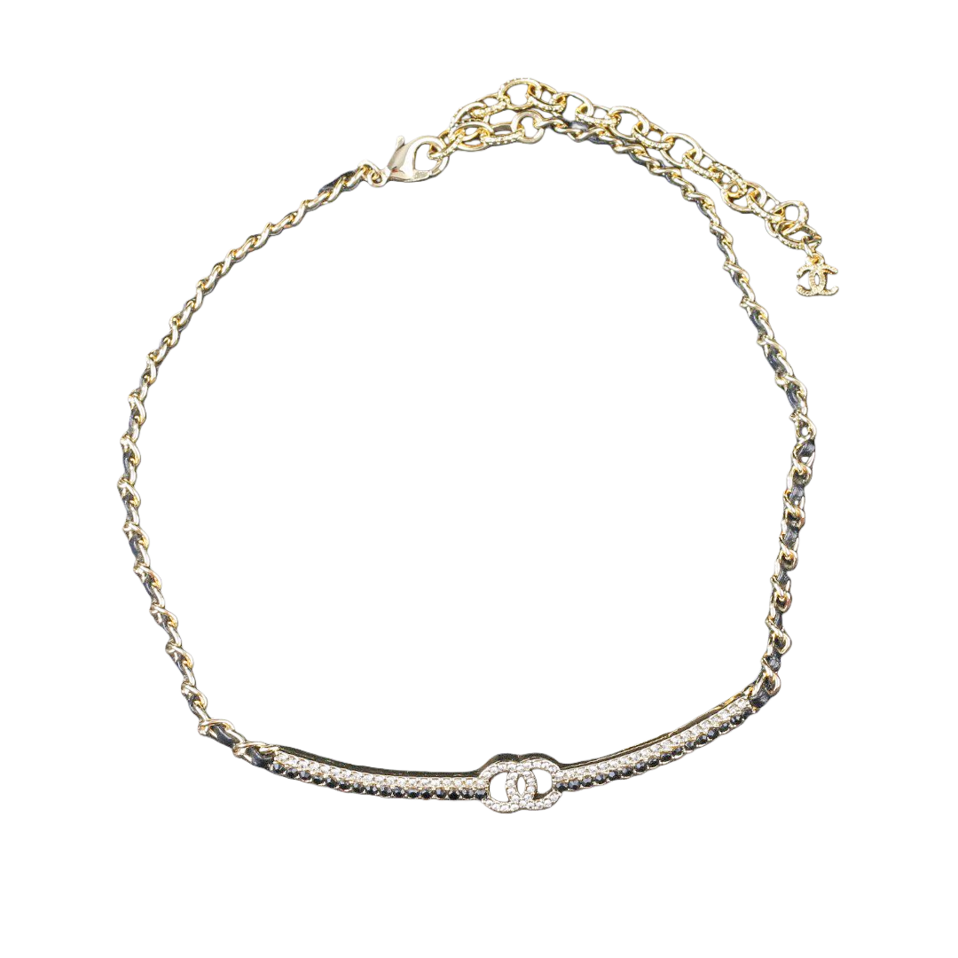 CCN125 Chanel metal leater chain crystal choker necklace - ccjewelryacc