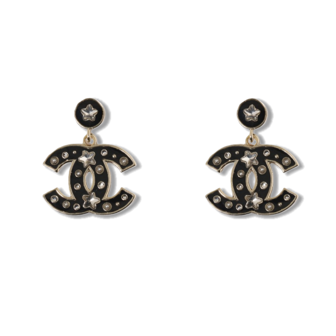 CCE521 Chanel black enamel crystal cc logo dangle earrings - ccjewelryacc