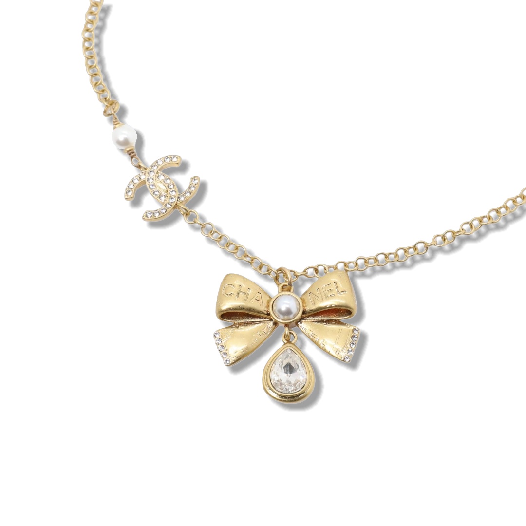 CCN053 Chanel vintage gold bow pendant necklace - ccjewelryacc