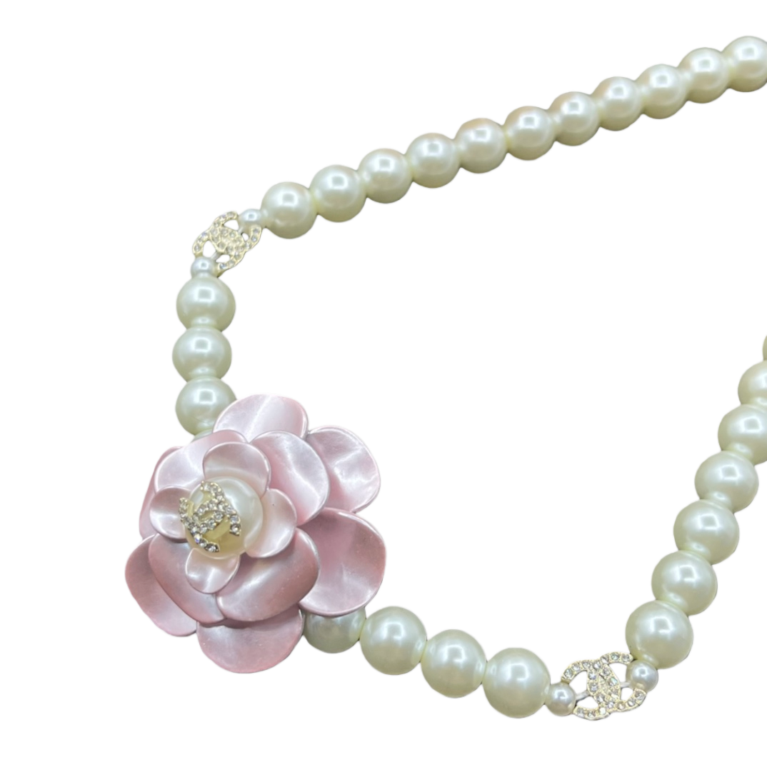 CCN116 Chanel Pink camellia pearl choker necklace - ccjewelryacc