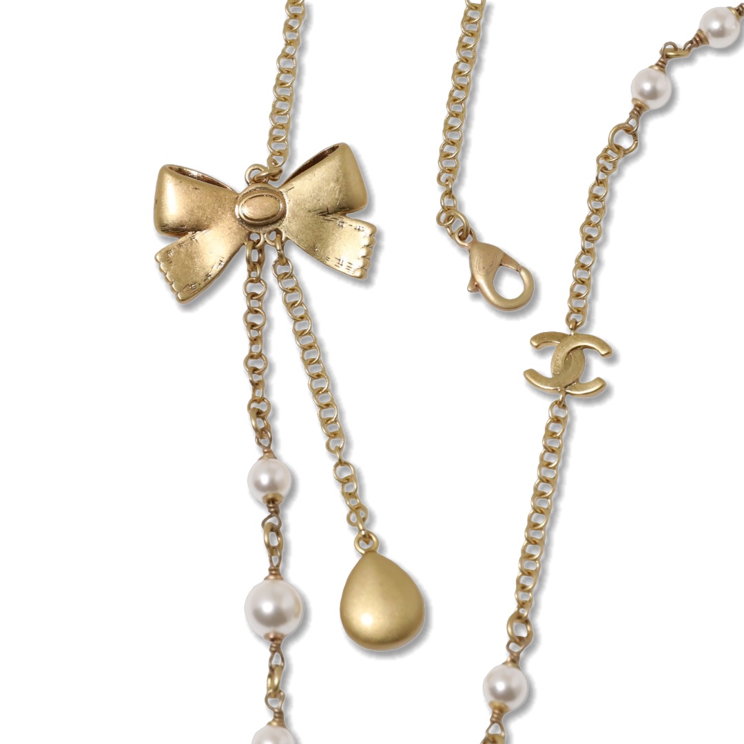 CCL108 Chanel Vintage gold bow pearl crystal long chain sweater necklace - ccjewelryacc