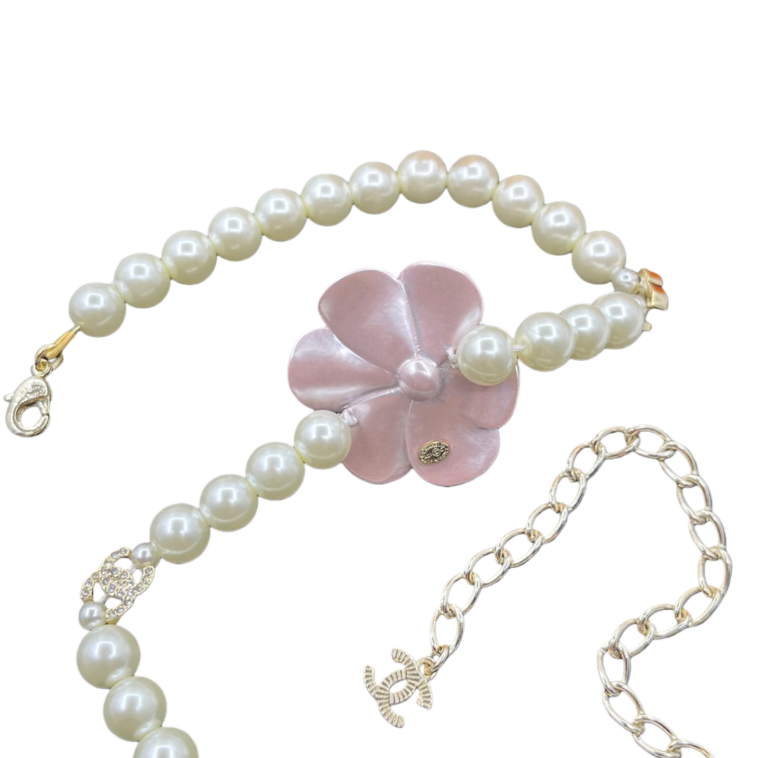 CCN116 Chanel Pink camellia pearl choker necklace - ccjewelryacc
