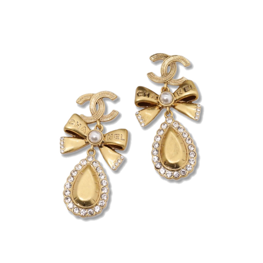 CCE520 Chanel vintage gold bow dropping earrings with crystal - ccjewelryacc