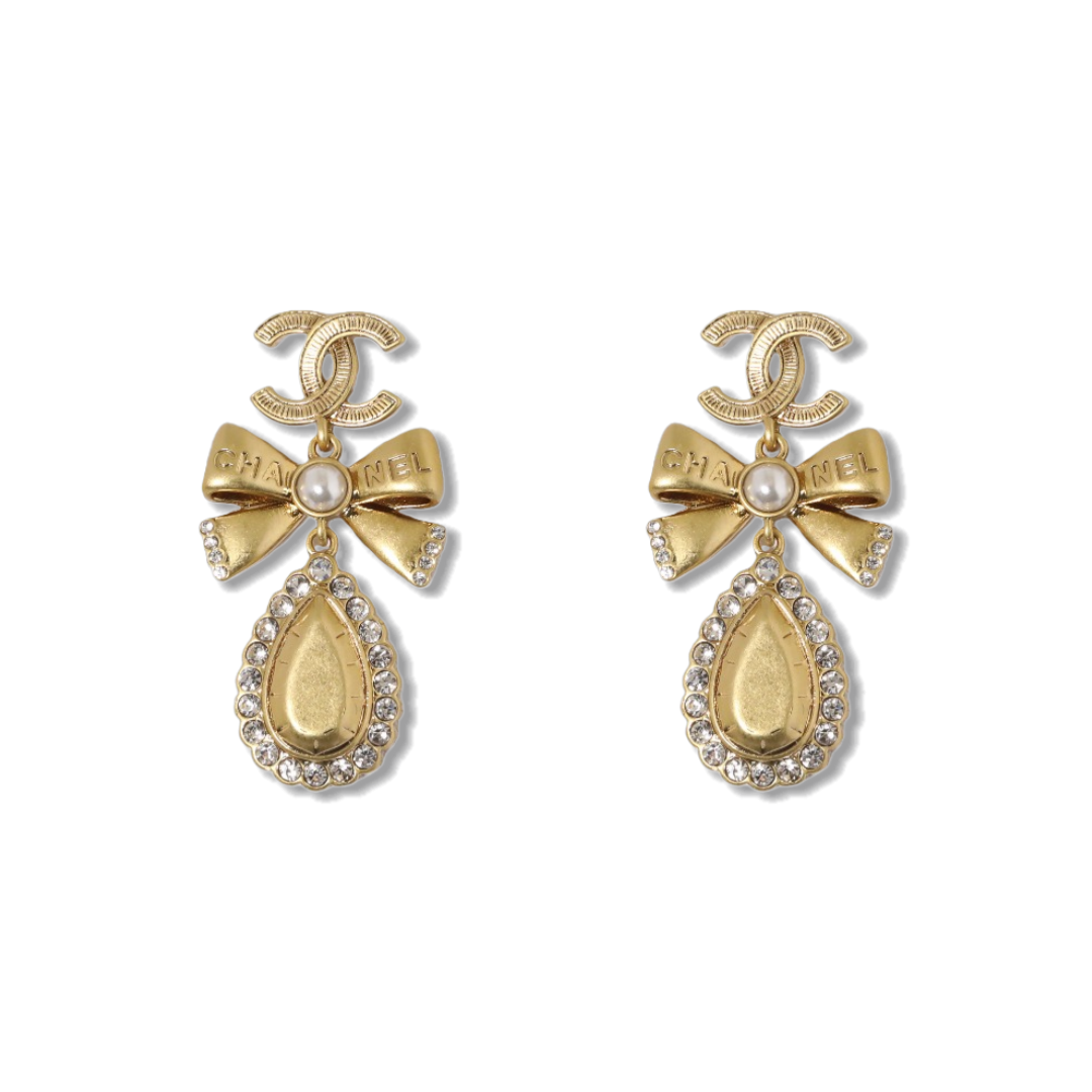 CCE520 Chanel vintage gold bow dropping earrings with crystal - ccjewelryacc
