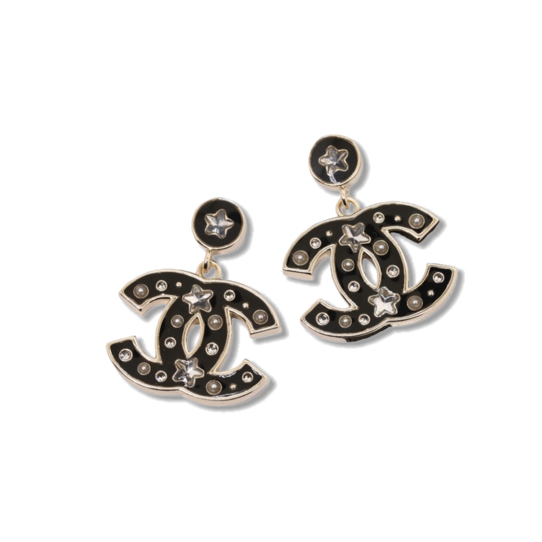 CCE521 Chanel black enamel crystal cc logo dangle earrings - ccjewelryacc