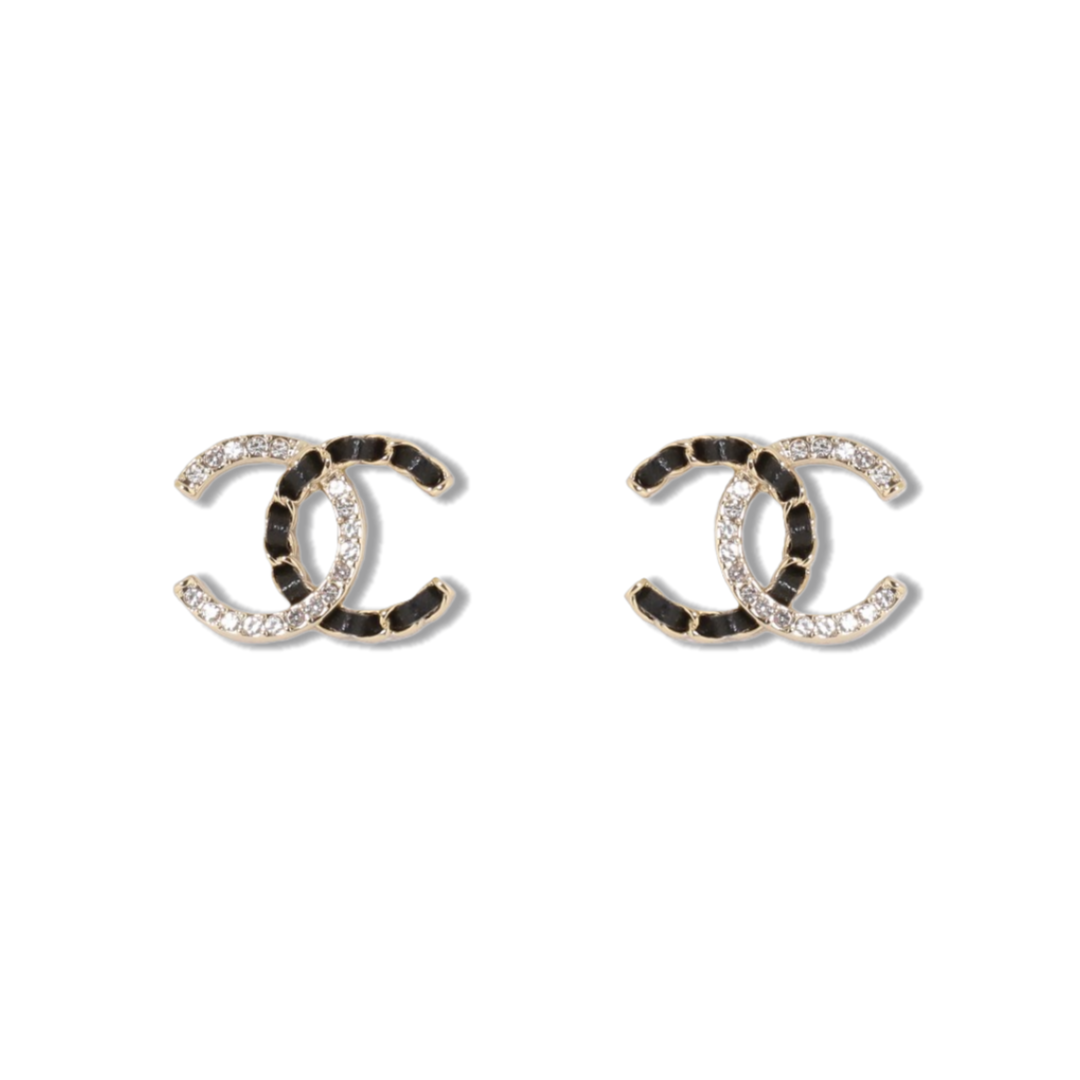 CCE516 Chanel Metal leater crystal cc logo drop earring - ccjewelryacc