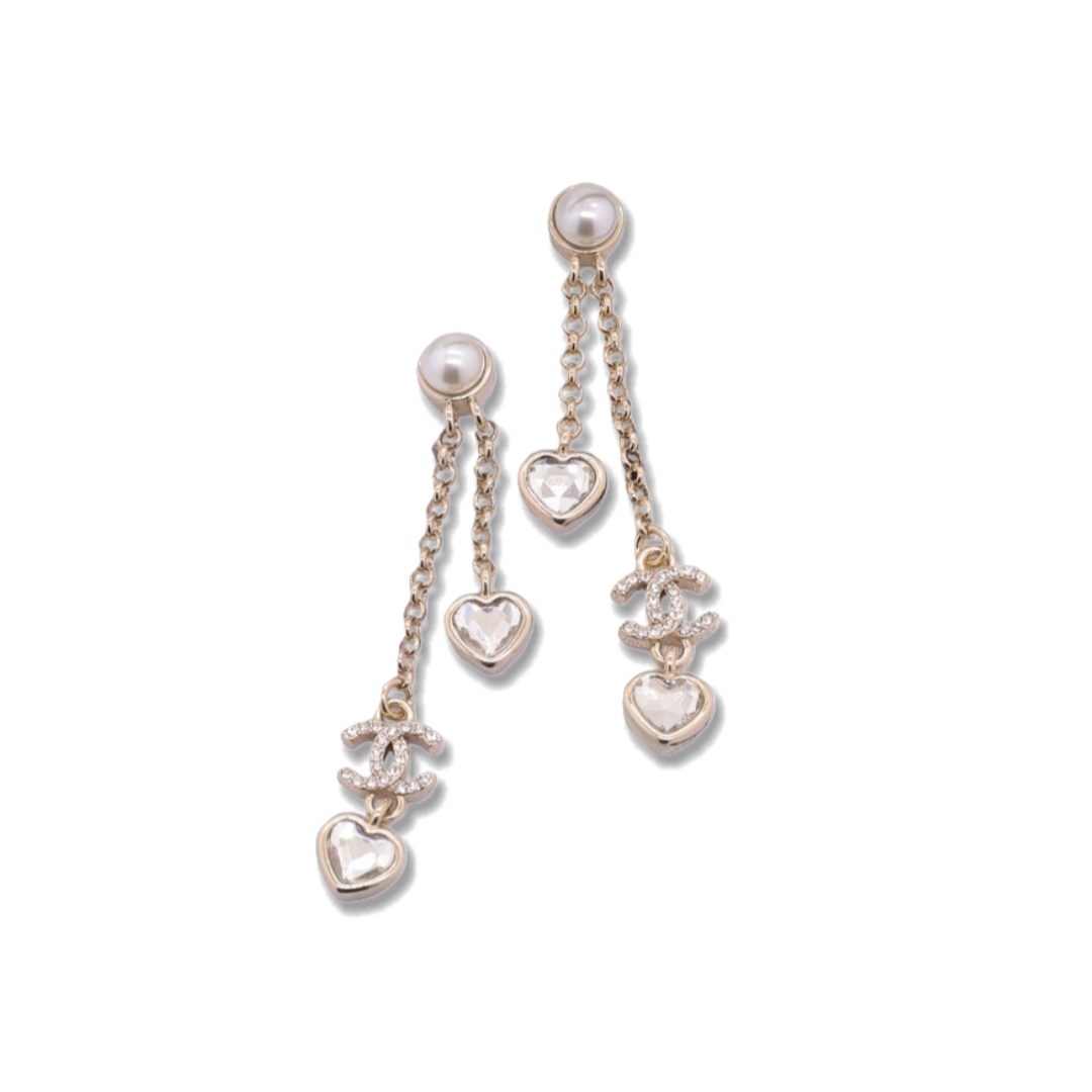 CCE538 Chanel crystal heart pearl tassels earring - ccjewelryacc