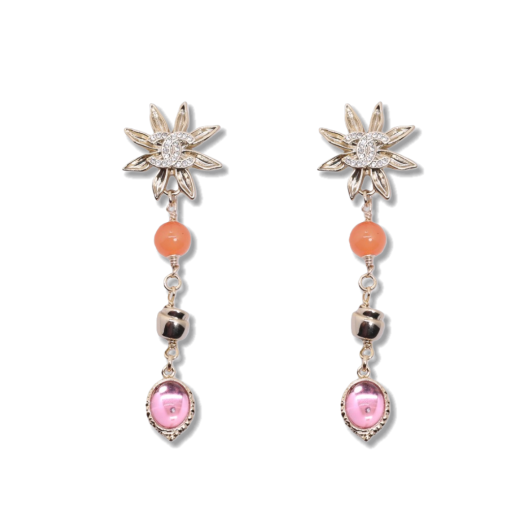 CCE540 Chanel vintage sunflower pink crystal tassels earrings - ccjewelryacc