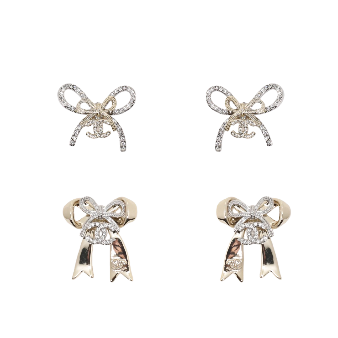CCE523 Chanel metal crystal bow earrings - ccjewelryacc