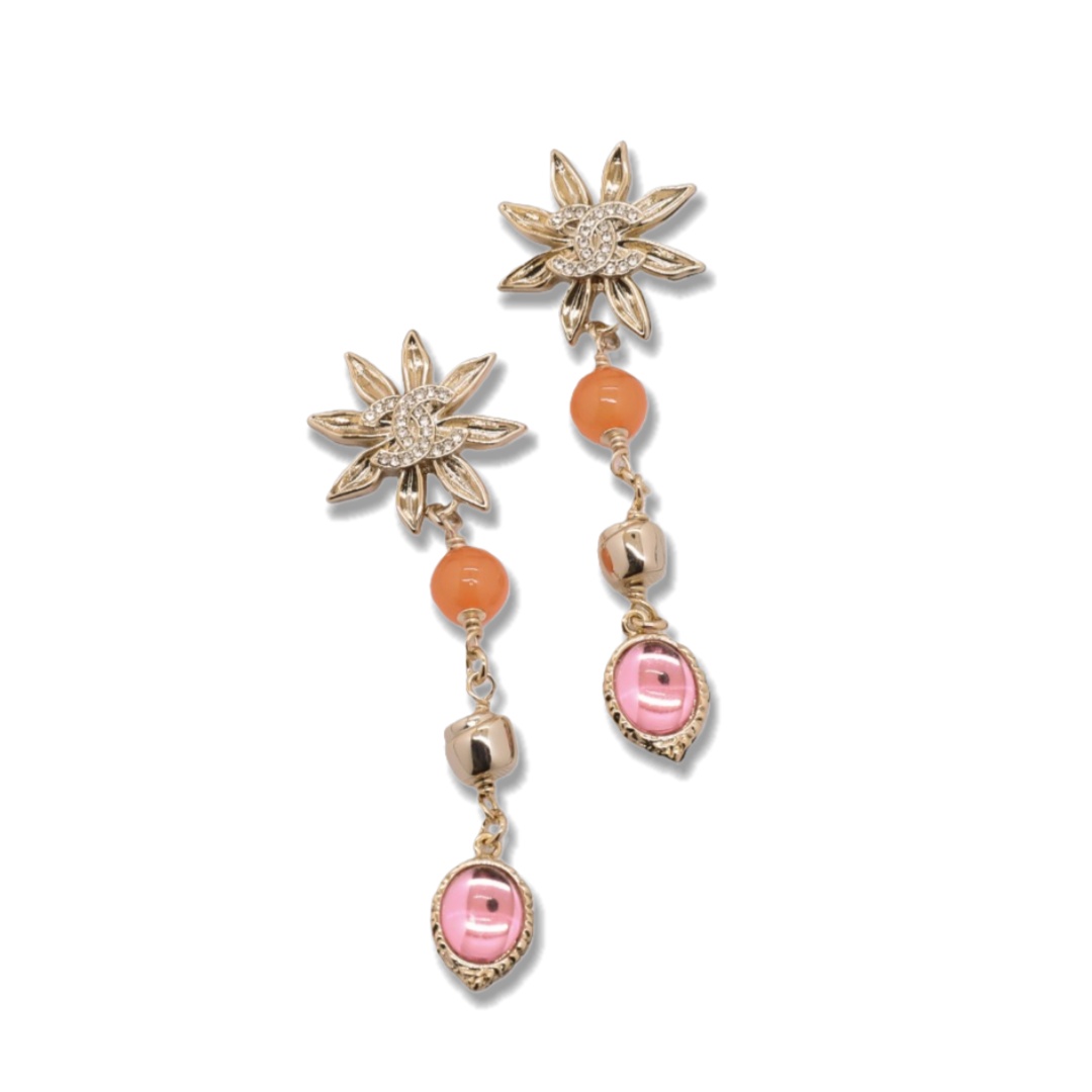 CCE540 Chanel vintage sunflower pink crystal tassels earrings - ccjewelryacc