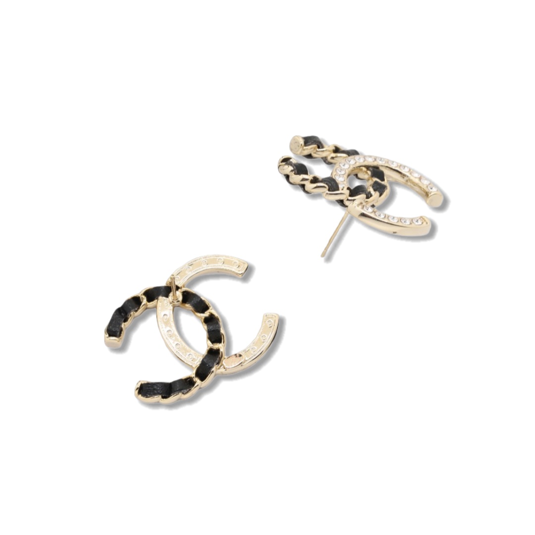 CCE516 Chanel Metal leater crystal cc logo drop earring - ccjewelryacc