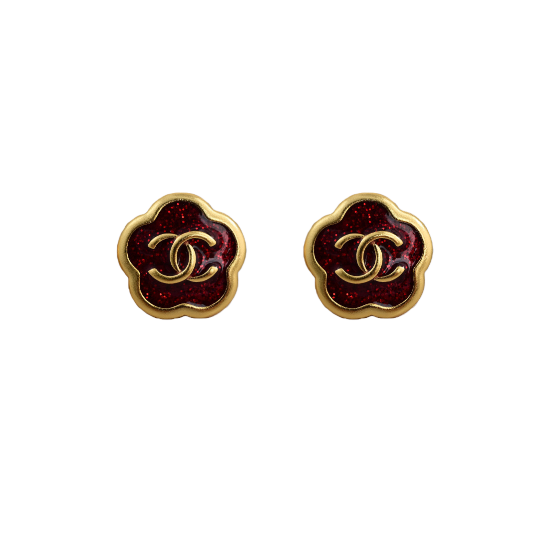 CCE542 Chanel vintage red enamel camellia flower stud earrings - ccjewelryacc