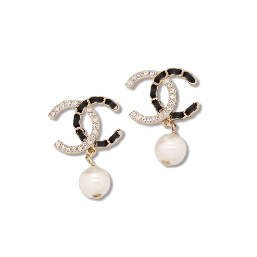 CCE516 Chanel Metal leater crystal cc logo drop earring - ccjewelryacc