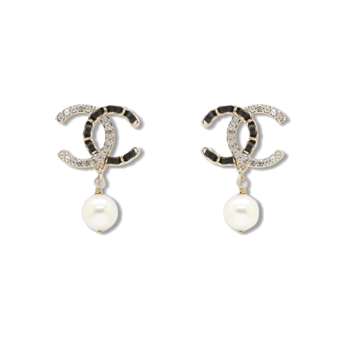 CCE516 Chanel Metal leater crystal cc logo drop earring - ccjewelryacc
