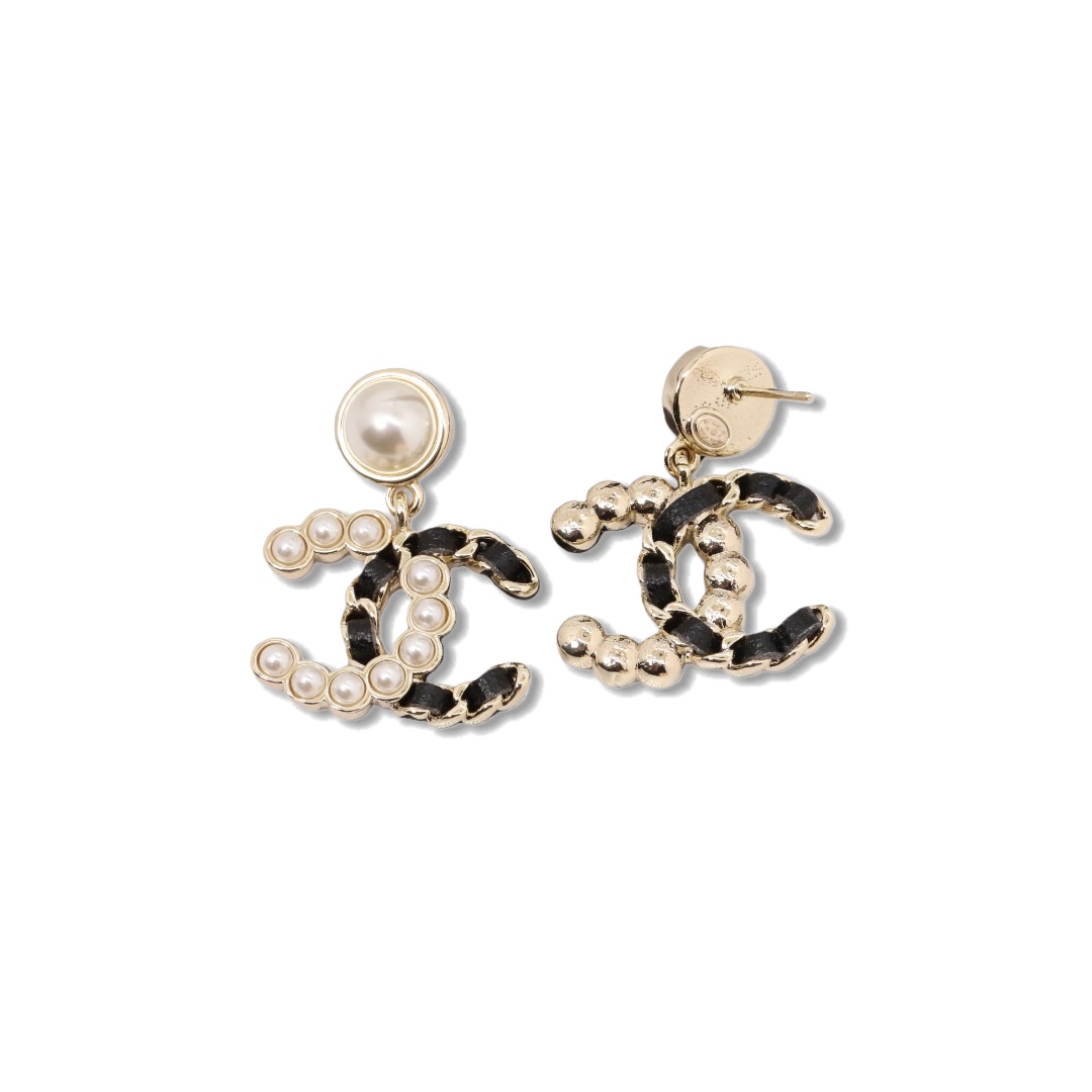 CCE529 Chanel metal leater pearl dangle earrings - ccjewelryacc