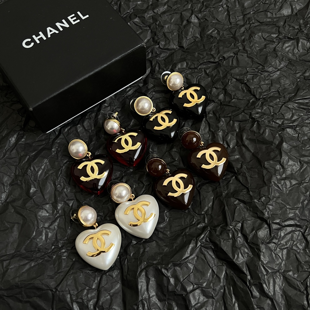 CCE201 Chanel CC pearl and black heart drop earring and necklace - ccjewelryacc