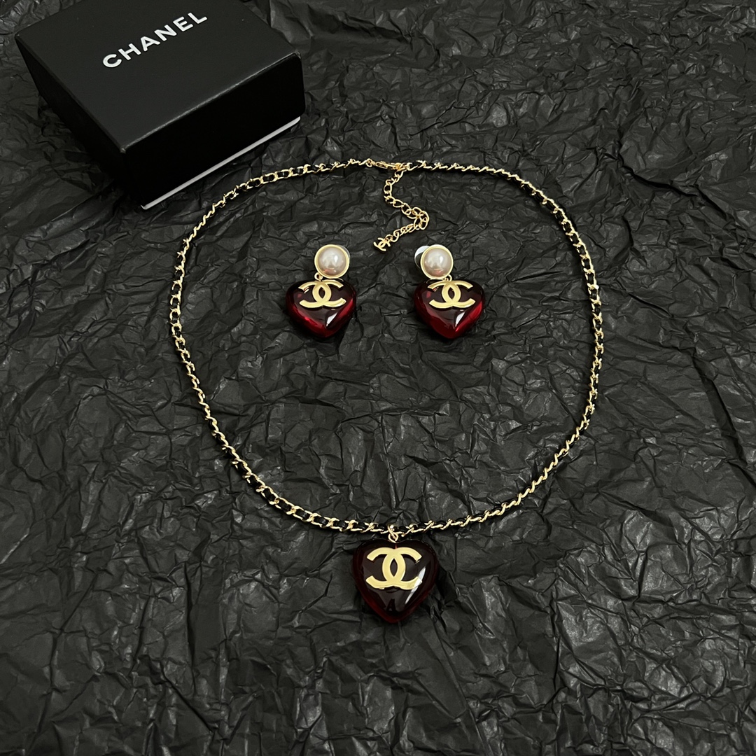 CCE201 Chanel CC pearl and black heart drop earring and necklace - ccjewelryacc