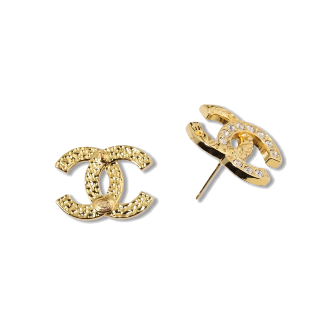 CCE784 Chanel vintage embossment crystal cc logo stud earrings - ccjewelryacc
