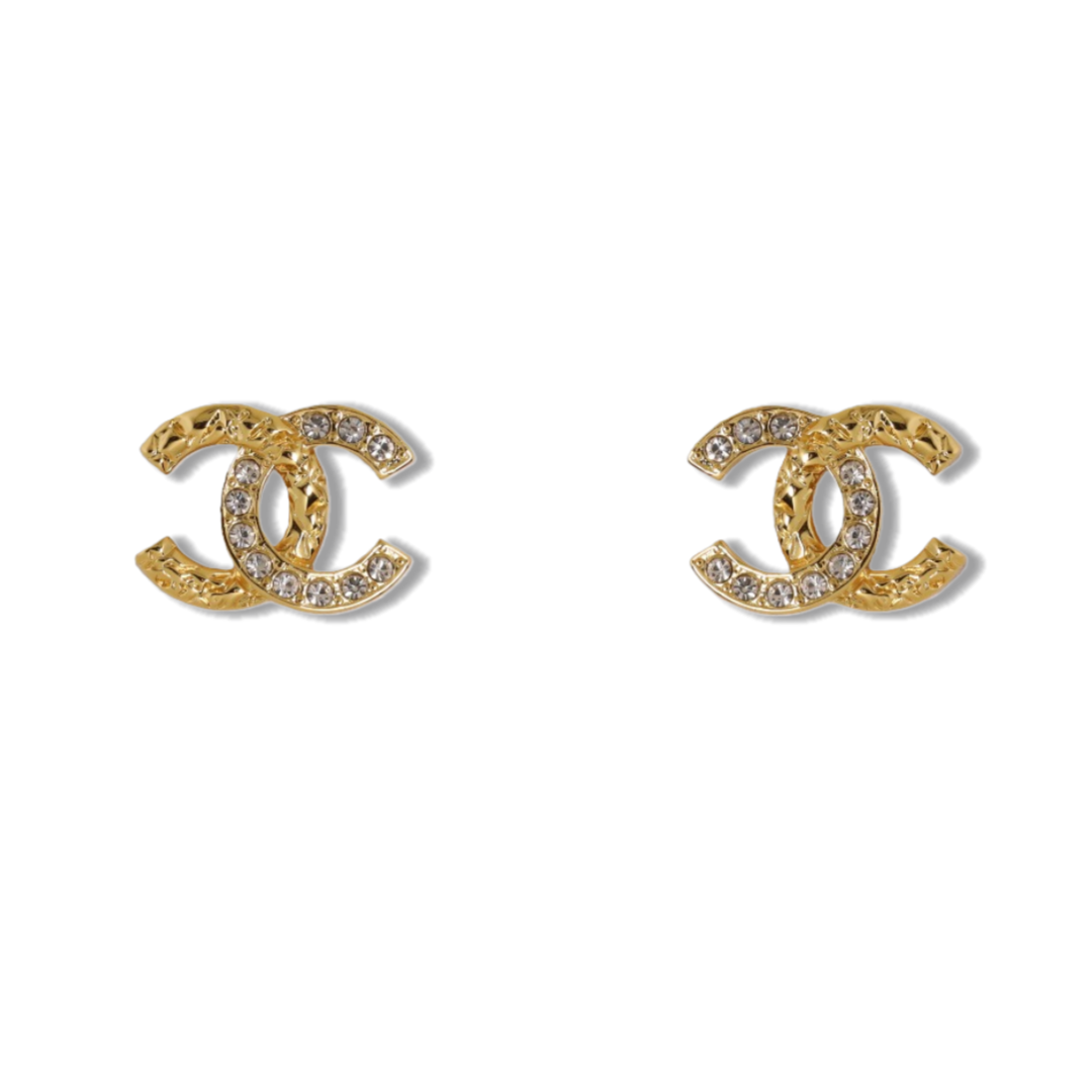 CCE784 Chanel vintage embossment crystal cc logo stud earrings - ccjewelryacc