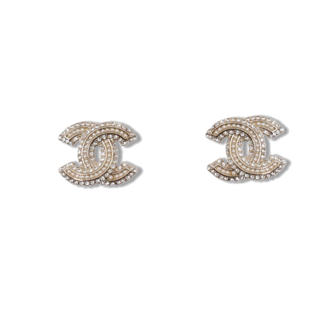 CCE394 Chanel pearl crystal cc logo stud earrings - ccjewelryacc