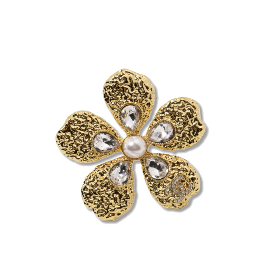 BCB615 Chanel Vintage Lava relief with rhinestone pearl flower brooch pin - ccjewelryacc