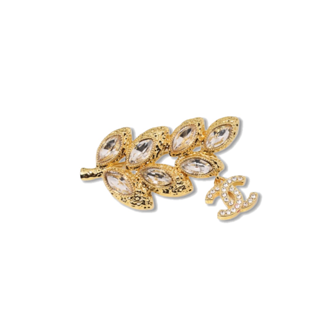BCB614 Chanel Vintage Lava relief with rhinestone leaves brooch pin - ccjewelryacc