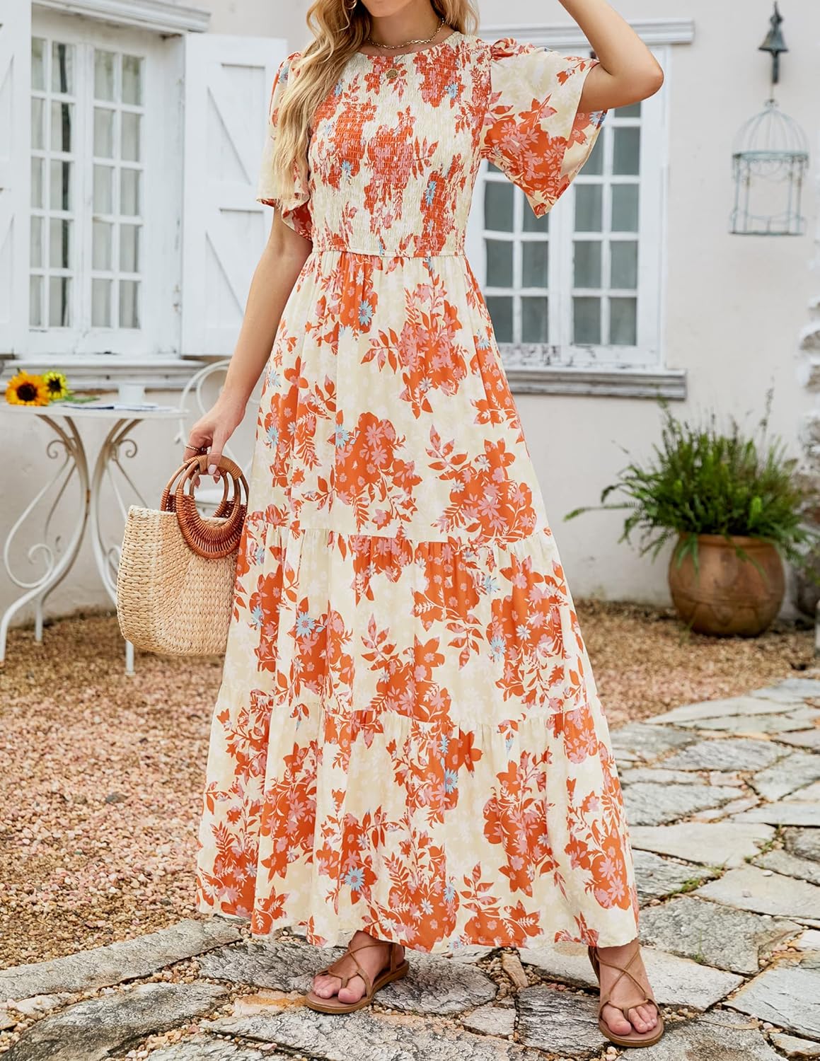 Summer Style Printed Short Design Sleeves Dress