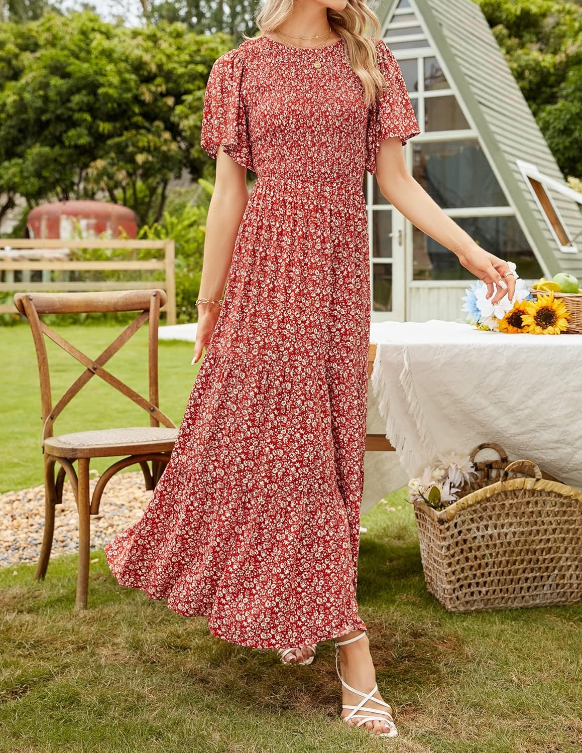 Summer Style Printed Short Design Sleeves Dress