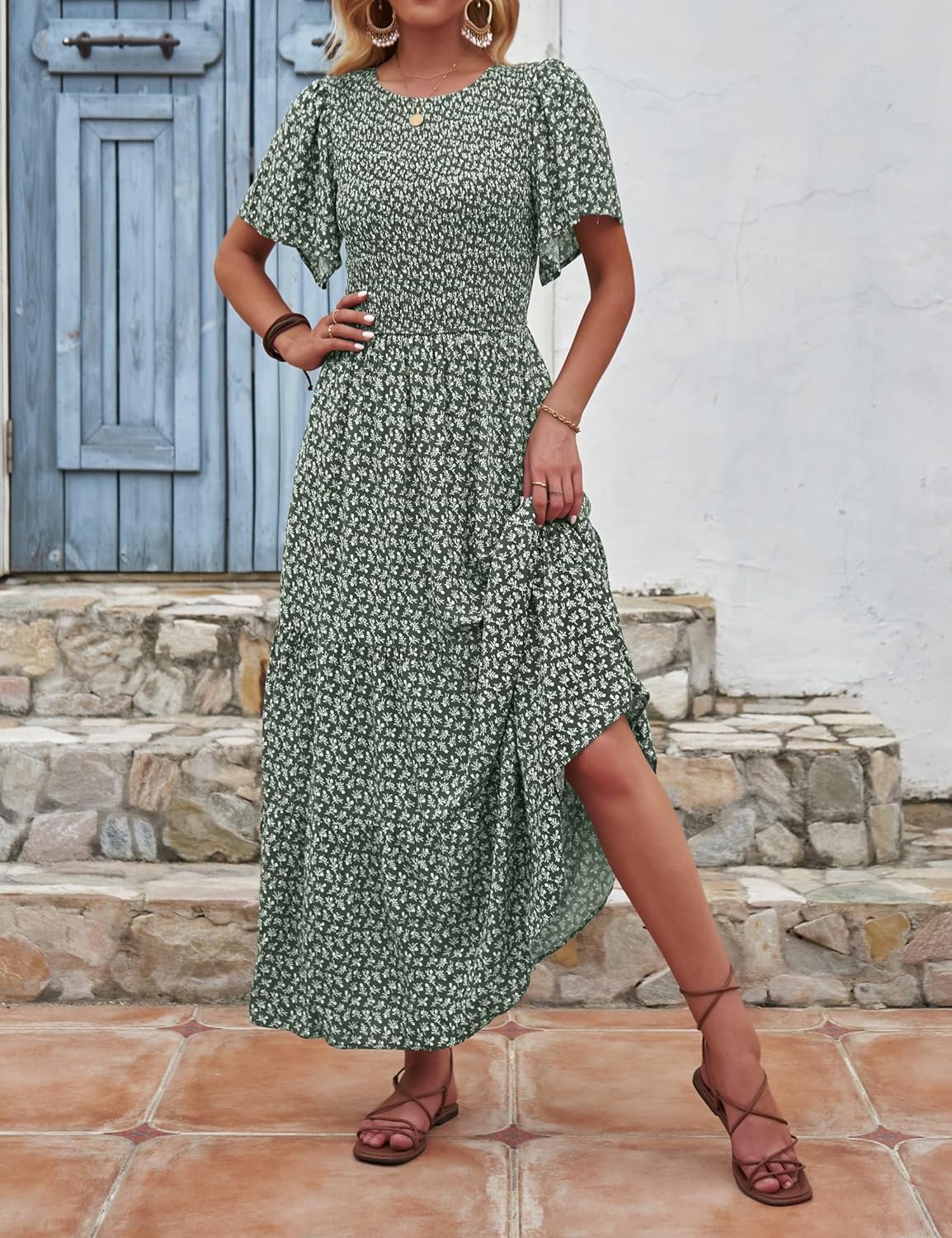 Summer Style Printed Short Design Sleeves Dress