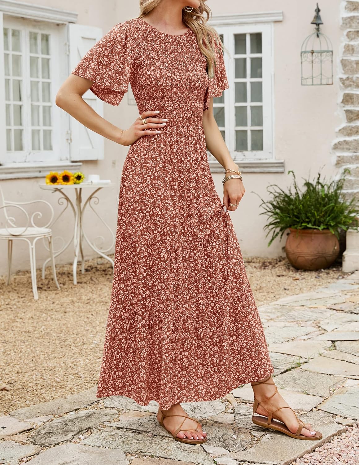 Summer Style Printed Short Design Sleeves Dress