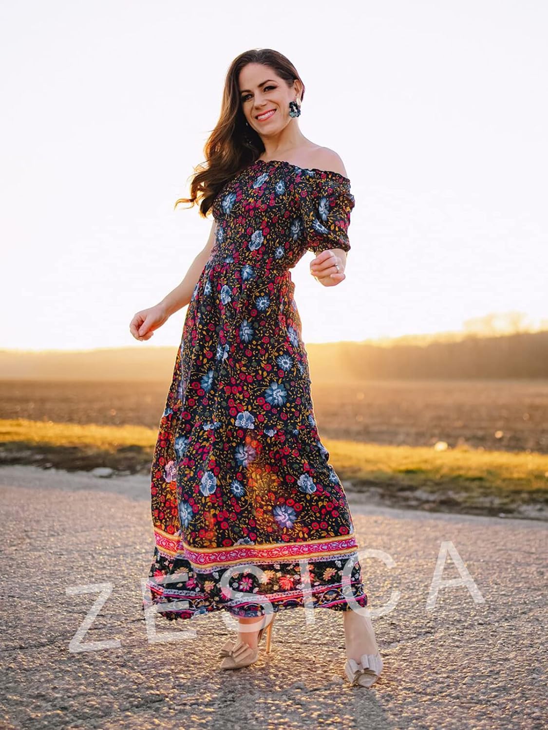 Flowers Print Stylish Dress Long Dress